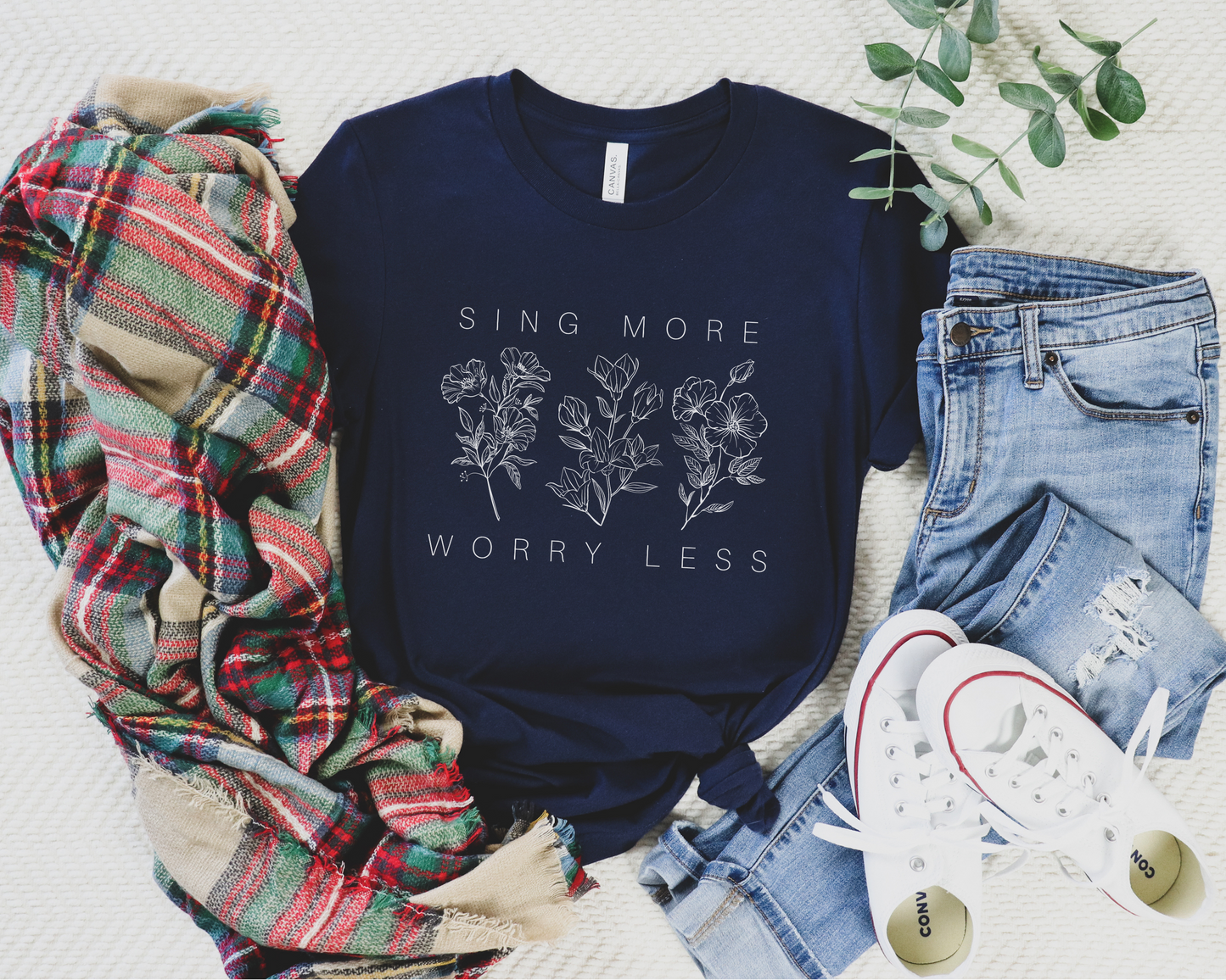 Sing More Worry Less Floral Short-Sleeve Unisex T-Shirt